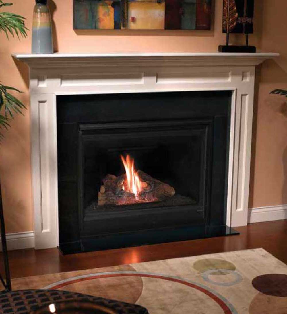 A custom installed fireplace with a gas flame lit