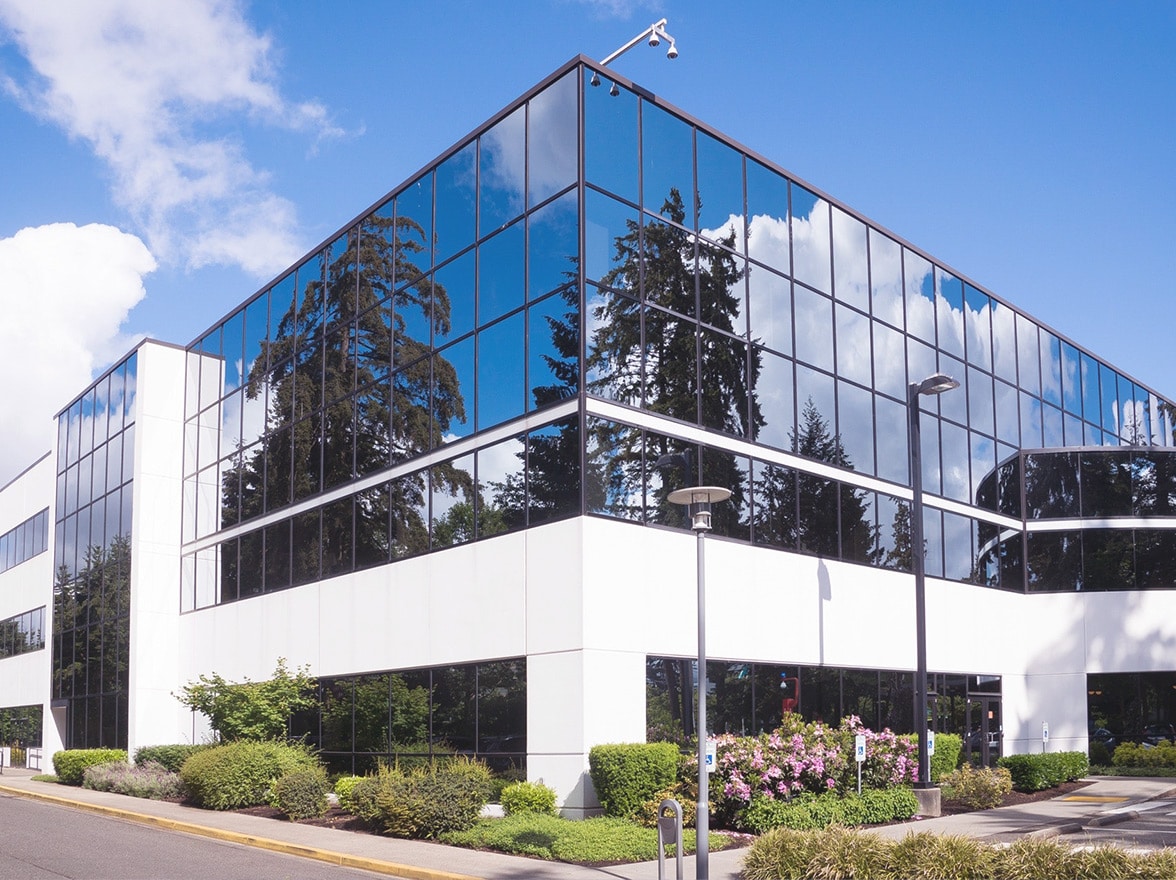 A commercial office building on a sunny day