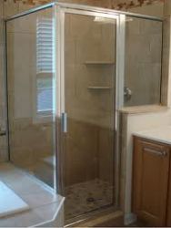 framed shower door in bathroom